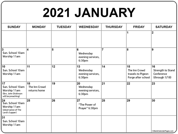 Church Calendar for January 2021 - Fellowship Baptist Church